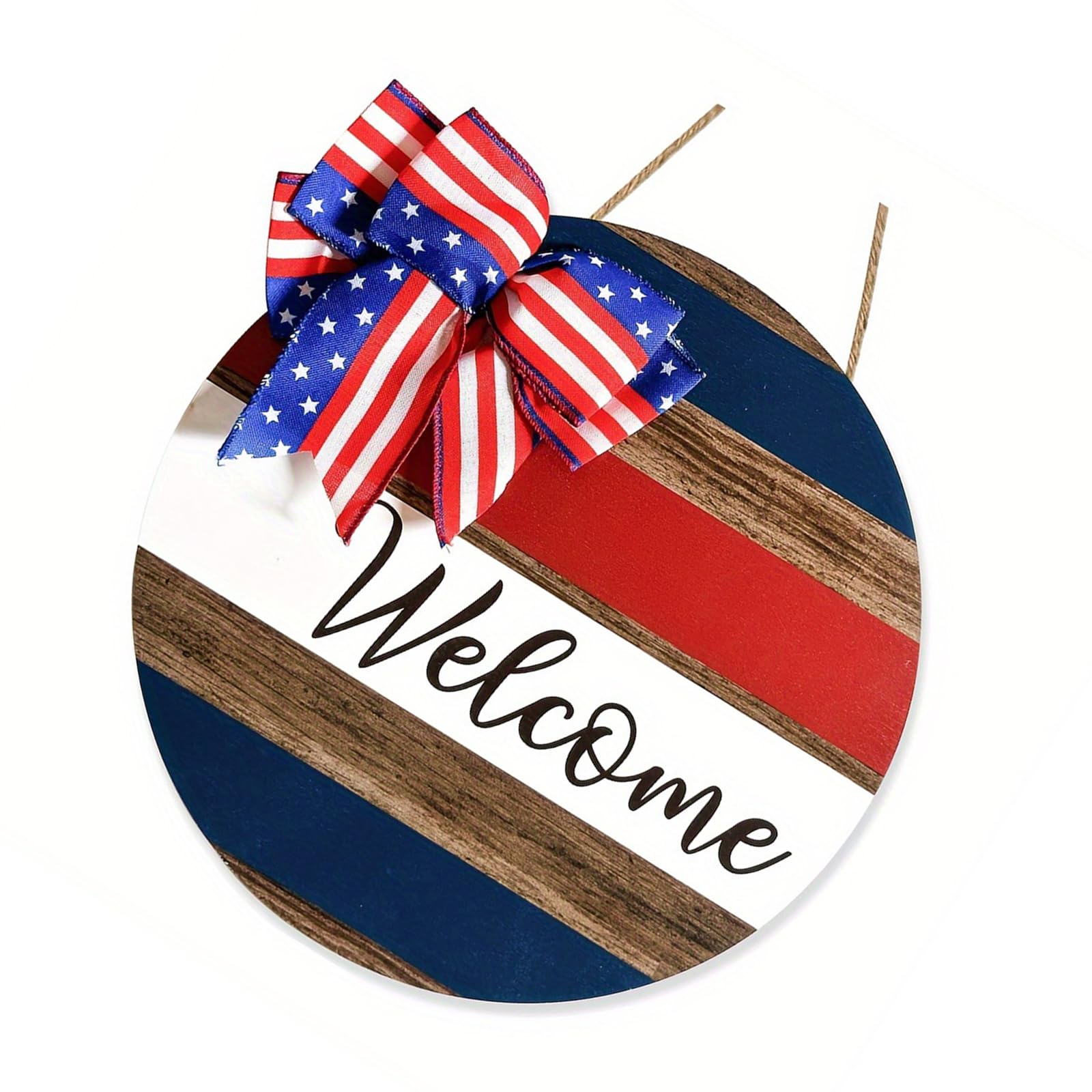 Round Wooden Sign for Door Decorations for Independence Day Holiday Door Sign with Bow Welcome Outdoor