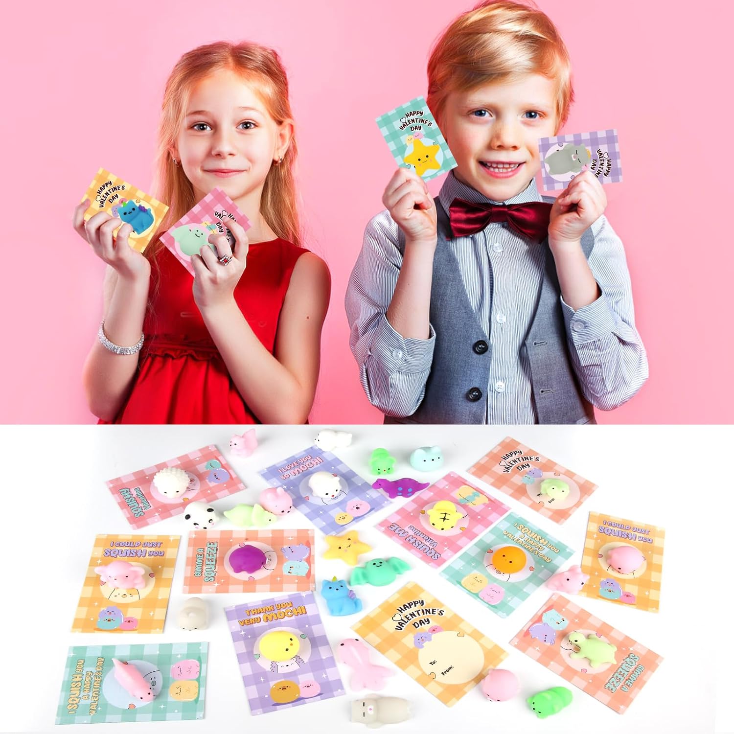 28 Pack Valentines Day Gifts for Kids, Kawaii Mochi Squishies Party Favor Set with Valentines Animal Greeting Cards for Kids, Valentine's Day Classroom Exchange Gifts Set, School Prizes Party Favor