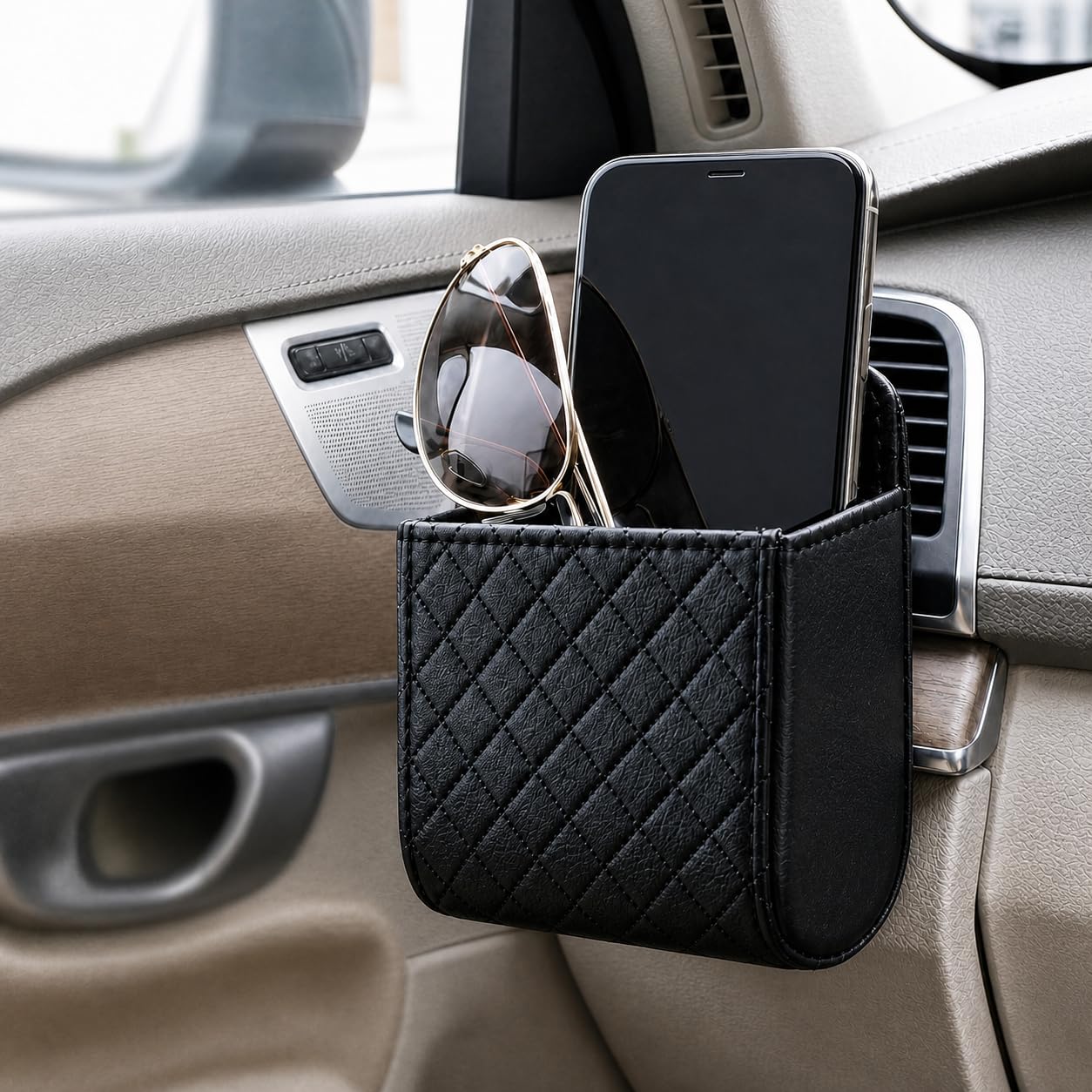 Car Air Vent Storage Organizer, PU Leather Hanging Phone Holder and Small Item Pouch for Glasses, Pens and Cards