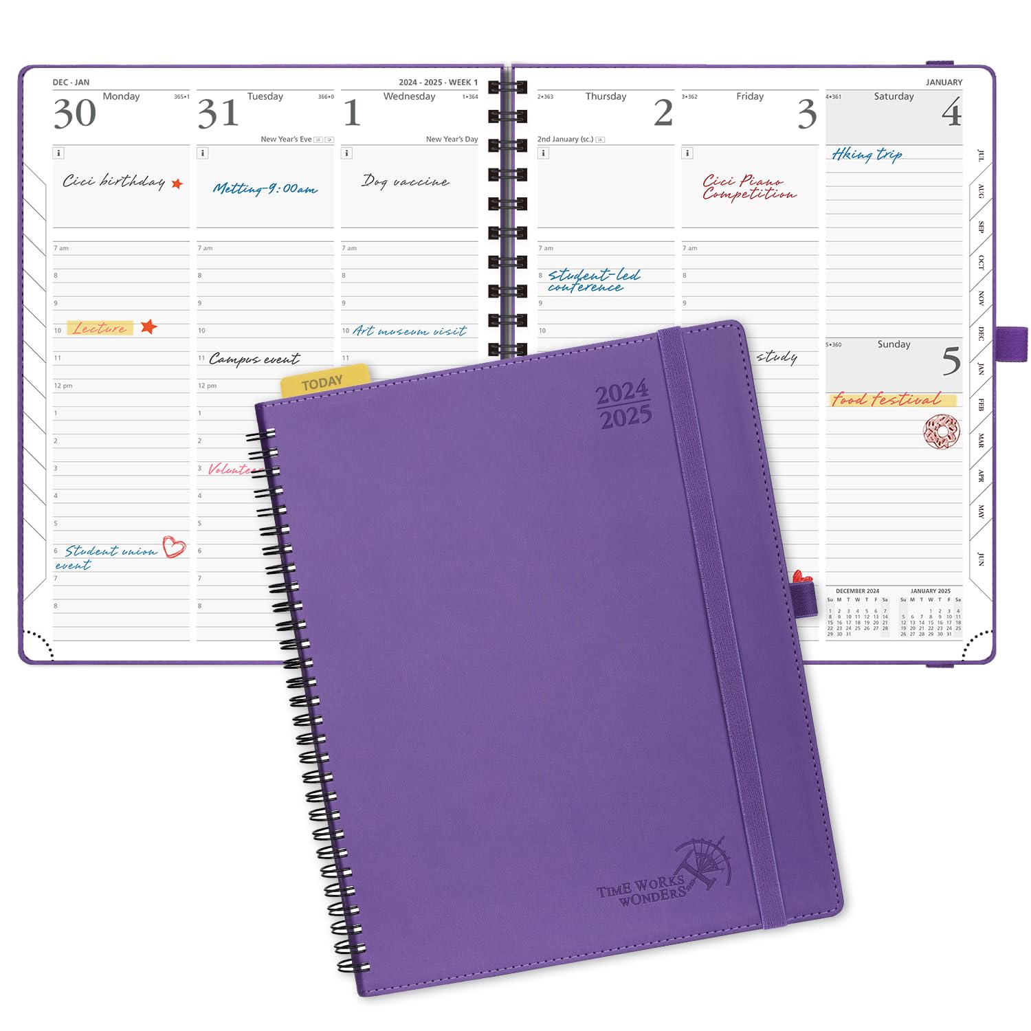 POPRUN Planner 2024-2025 (8.5'' x 10.5'') Academic Year Calendar (July 2024 - June 2025) with Hourly Time Slots, Weekly & Daily Appointment Book for time Management, Leather Cover - Purple