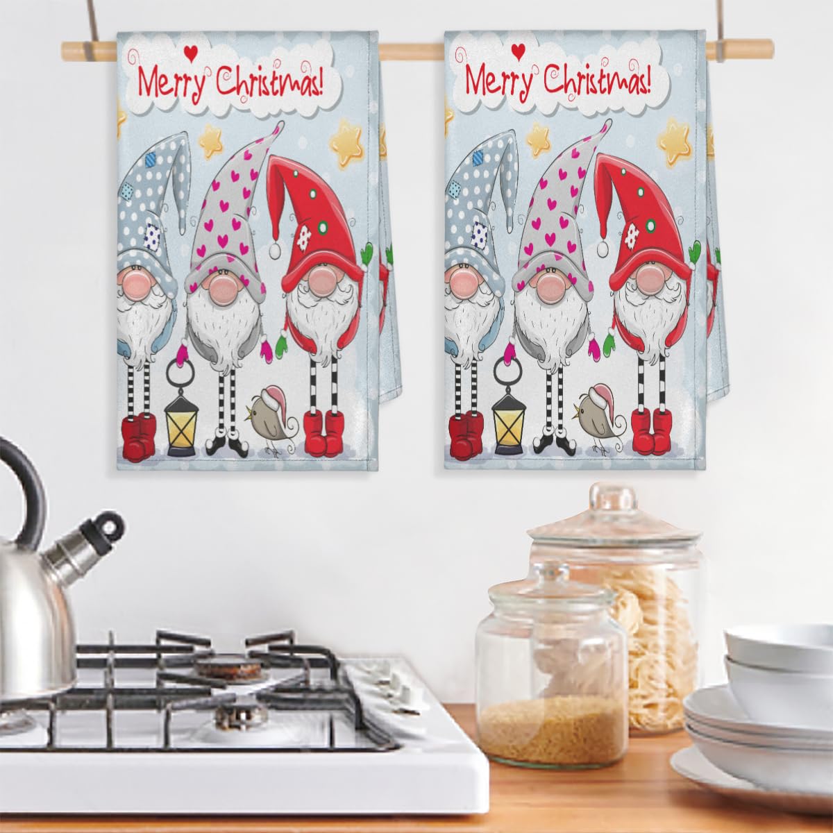Set di 2 asciugamani da cucina natalizi con gnomo carino, con scritta Merry Christmas, morbidi e assorbenti, per casa, cucina, ristorazione, ristorante, 45 x 72 cm