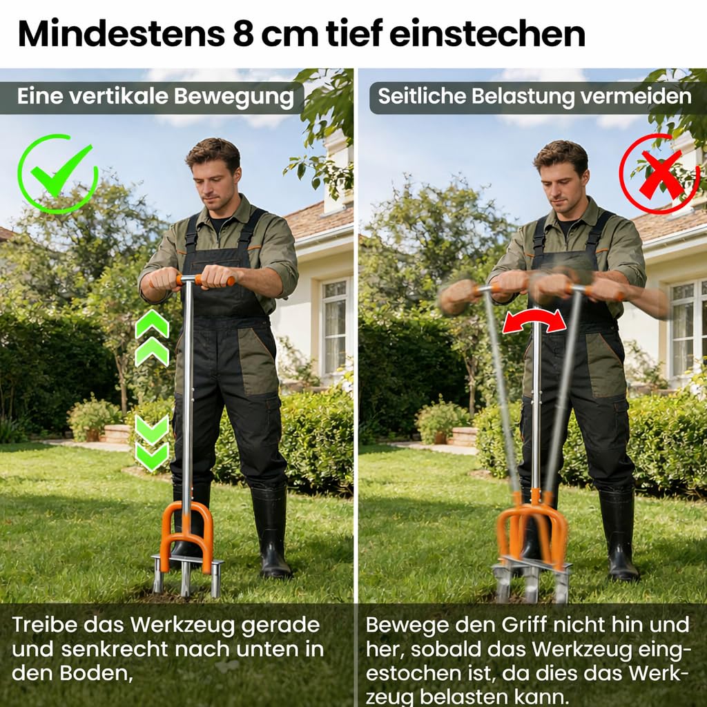 I IHAYNER Aerifizierer für Rasen, Rasenlüfter aus Edelstahl, 3 Zinken Hohlzinken, Gartengerät zum Rasen Belüften und Auflockern, Manueller Rasenbelüfter, für Verdichtete Böden und Hof Garten (Orange)