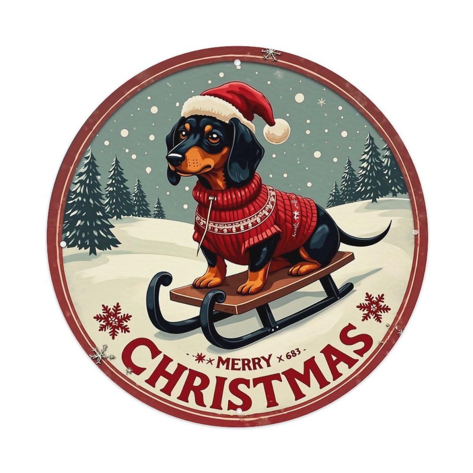 Christmas Dog Sled Snowflake Retro Metal Sign Round Tin Sign, Vintage Decor Art Poster for Bar, Home, Man Cave, Kitchen, Laundry Room Gift 8x8Inch