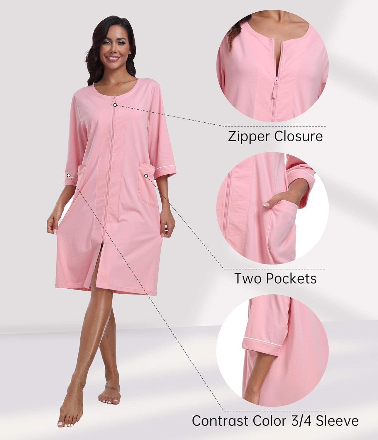 CF Women's 100% Cotton Zipper Robes 3/4 Sleeve Loungewear Knee Length Housecoat Lightweight Zip Up Nightgowns with Pockets