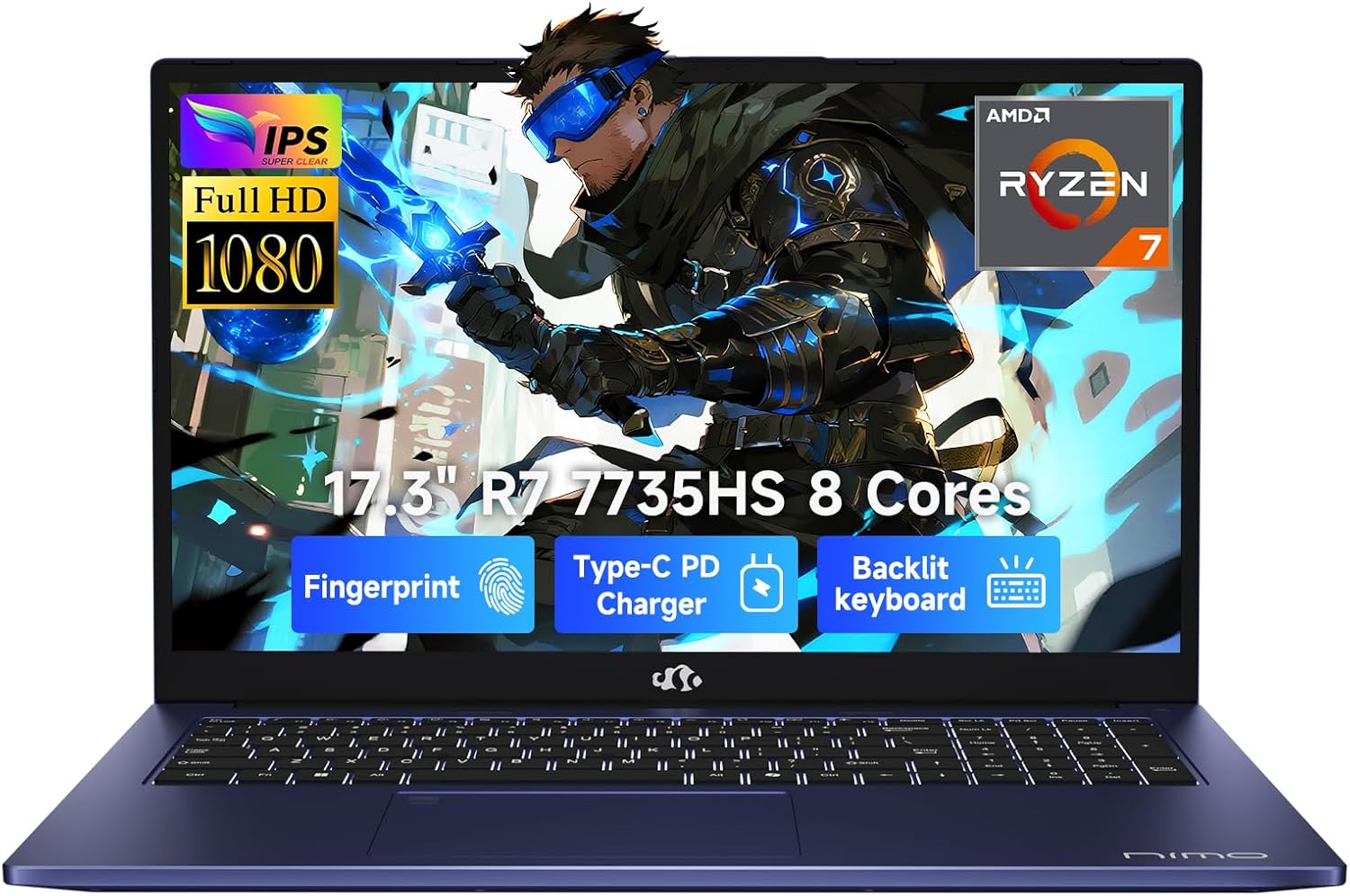 NIMO Gaming Laptop, 17.3″ FHD Display, AMD Ryzen 7 7735HS (8C/16T, Up to 4.75GHz) Computer, 32GB DDR5 1TB NVMe SSD, Radeon 680M Graphics, Backlit Keyboard, Fingerprint Unlock, PD 100W Type-C