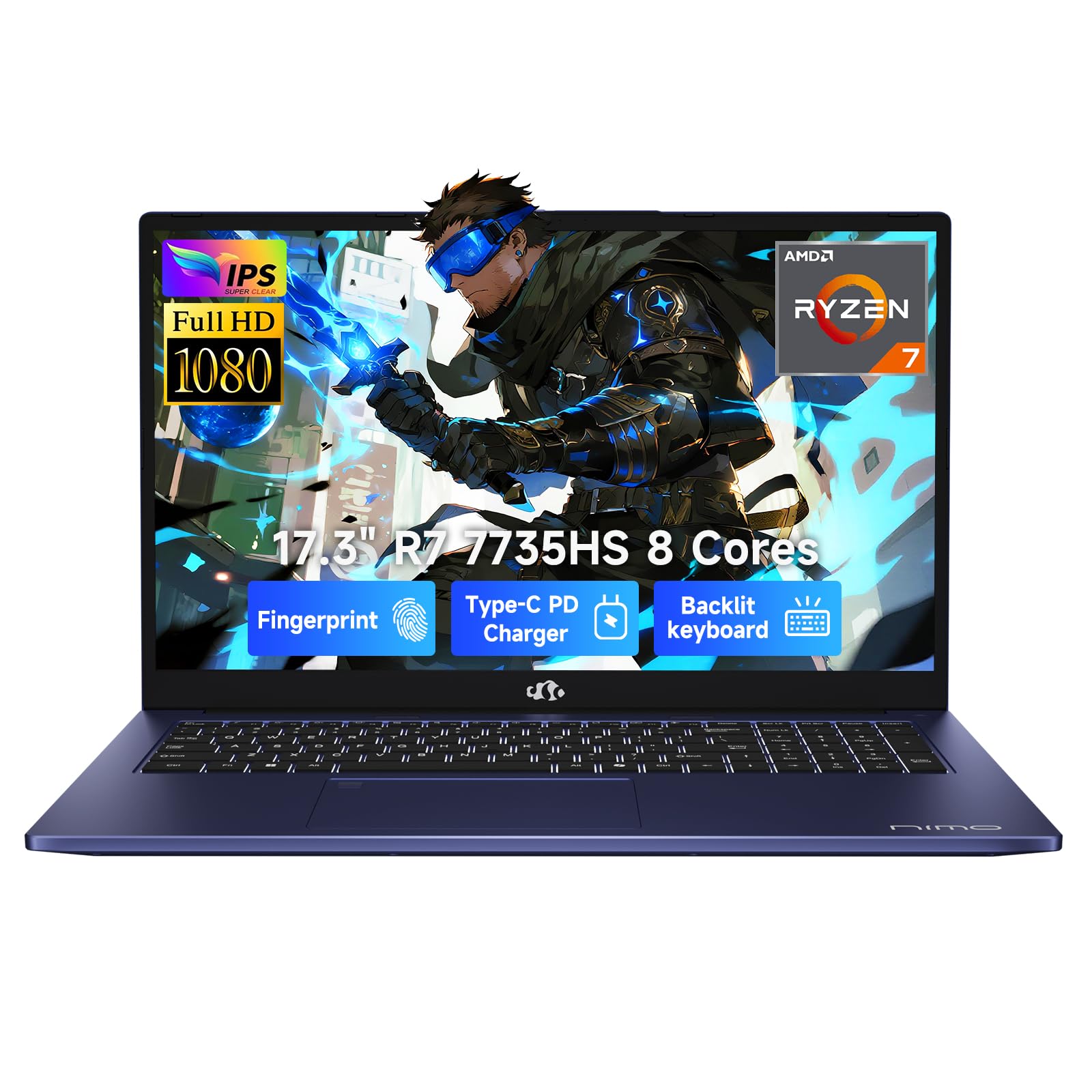 NIMO Gaming Laptop, 17.3" FHD Display, AMD Ryzen 7 7735HS (8C/16T, Up to 4.75GHz) Computer, 32GB DDR5 1TB NVMe SSD, Radeon 680M Graphics, Backlit Keyboard, Fingerprint Unlock, PD 100W Type-C