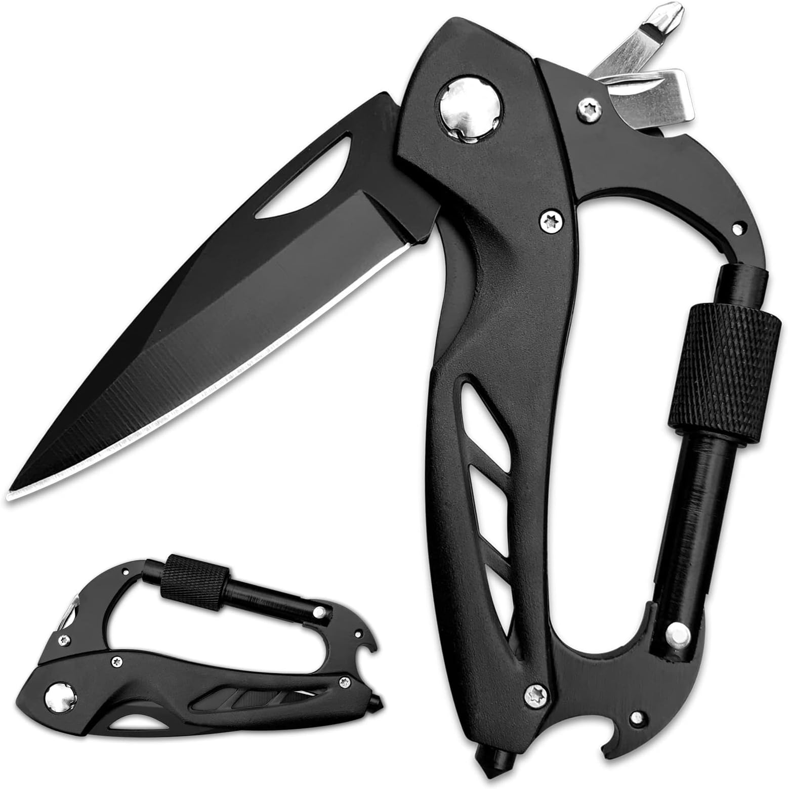 Multitool Carabiner with Folding Pocket Knife, Bottle Opener, Window Glass Breaker and Screwdriver, EDC Keychain Clip, Tactical Knives Survival Gear for Men Outdoor Camping