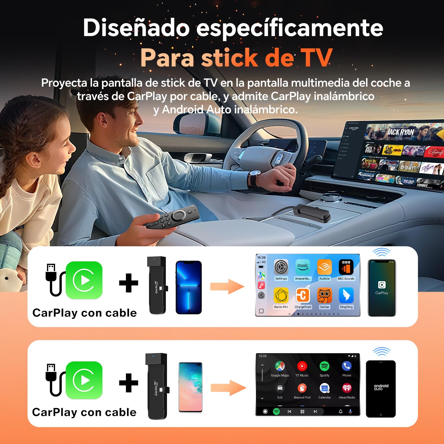 Carlinkit FireDrive Link Pro Adaptateur TV Stick vers CarPlay, convertit CarPlay filaire en HDMI, prend en charge CarPlay sans fil et Android Auto, conserve les commandes OEM et le micro, Plug & Play