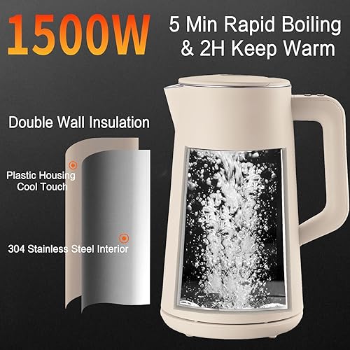 Miniatura 4 de Hervidor Eléctrico de Acero Inoxidable de 1.5L, Tetera de Doble Pared de Toque Frío, Ebullición Rápida, Control de 5 Temperaturas, Pantalla LED,