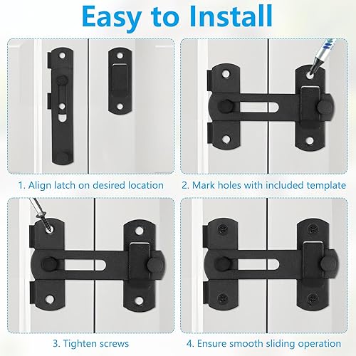 Miniatura 7 de Paquete de 2 cerraduras negras para puerta de granero, pestillo de puerta corredera de granero de 4 pulgadas con fácil instalación, resistente a la