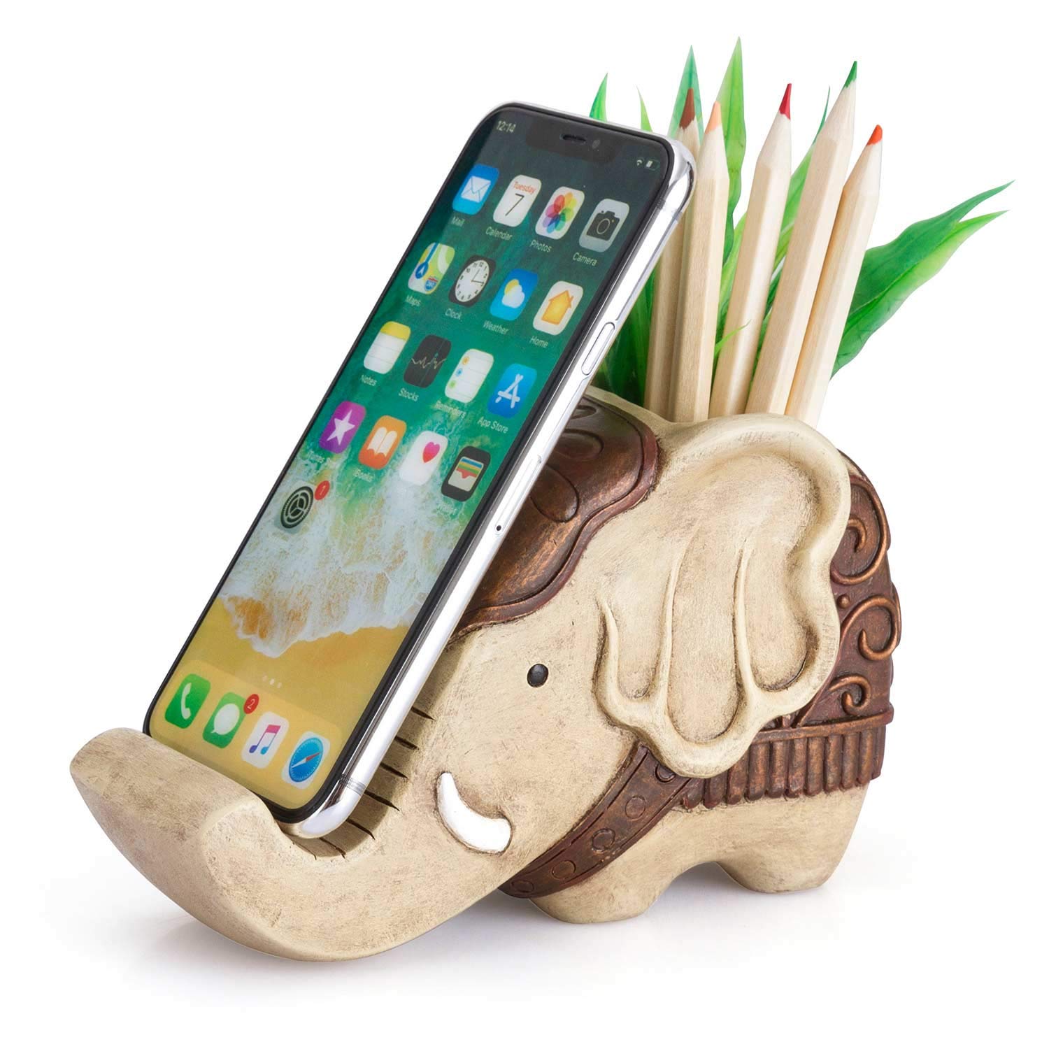 Pen Pencil Holder with Phone Stand, Coolbros Resin Elephant Shaped Pen