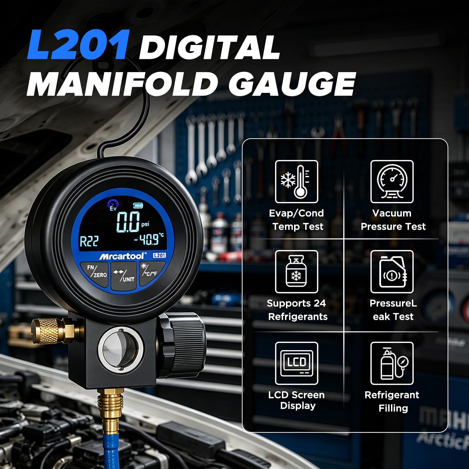BELEY Alta Precisión Manómetro Digital Aire Acondicionado Equipado con Prueba de vacío y fugas, Vacuometro Digital Incluye 24 Refrigerantes, para Aire Acondicionado Doméstico de Automóvil y Comercial
