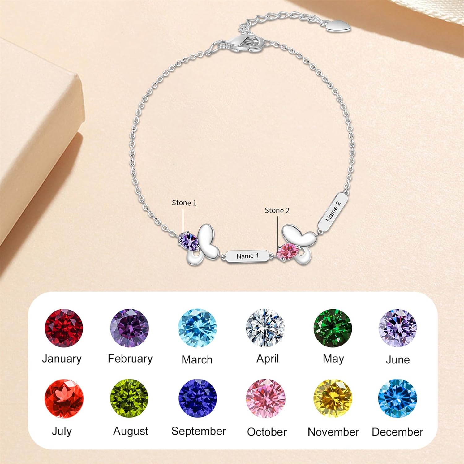 BAUMA AUTO Personalized Butterfly Mothers Bracelets Custom Name Bracelet for Women with 1/2/3/4/5/6 Birthstones Anniversary Mother's Day Birthday for Mother Sister Grandma