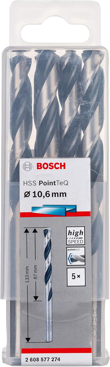 Bosch Professional 2608577274 5-Piece PointTeQ HSS Twist Bit (for Metal, 10.6 x 87 x 133 mm, Drill Driver Accessories), 10,6 x 87 x 133 mm