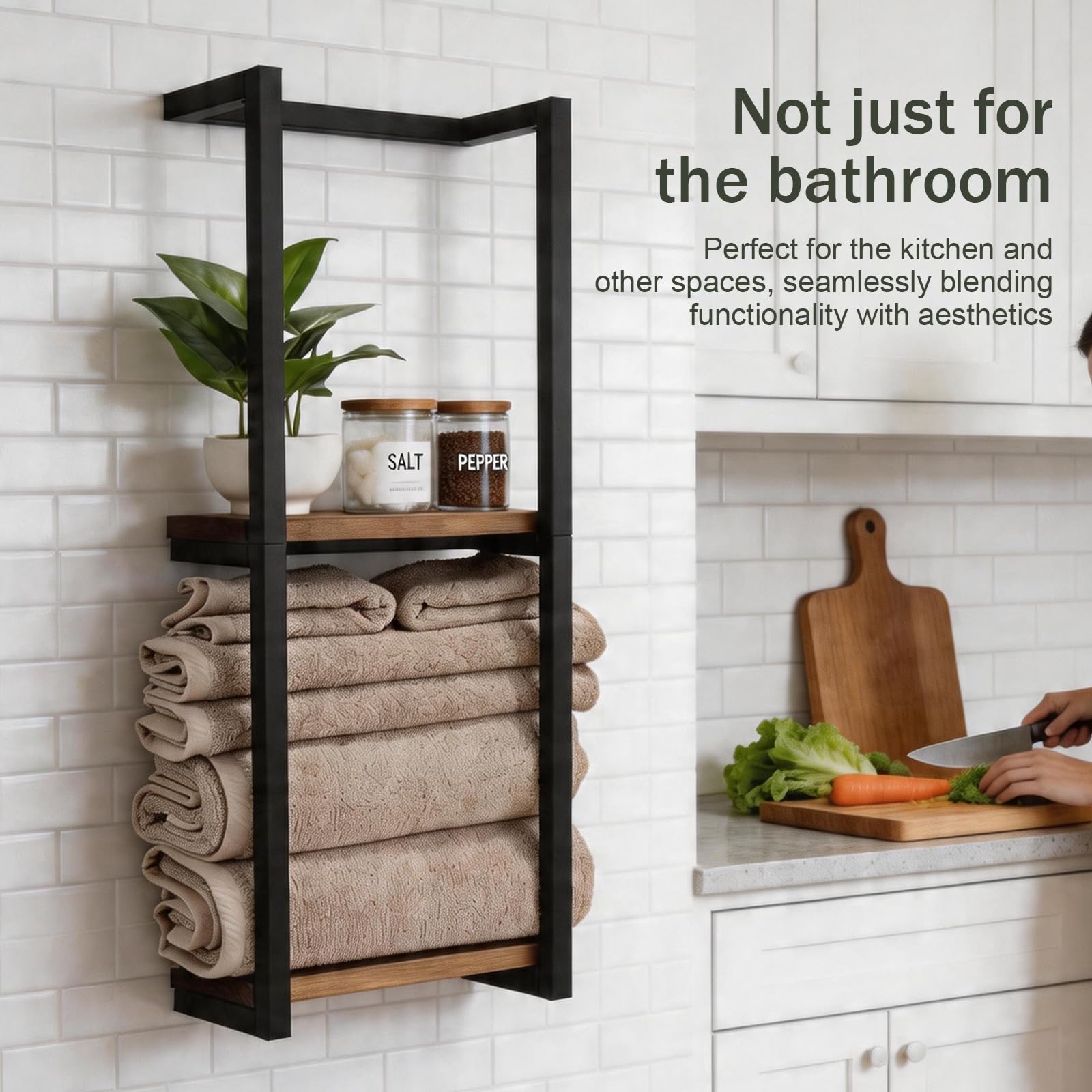 Toallero de pared para toallas de baño, toallero vertical para almacenamiento, estante de baño de metal inoxidable para hasta 8 toallas, almacenamiento de toallas para baño pequeño, color negro
