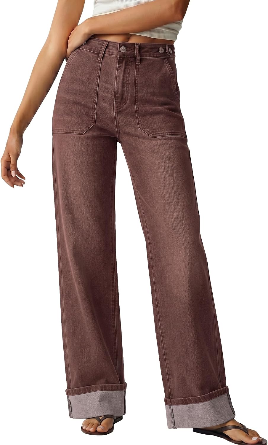 luvamia Wide Leg Jeans for Women Cuffed Hem Adjustable Waist Denim Pants
