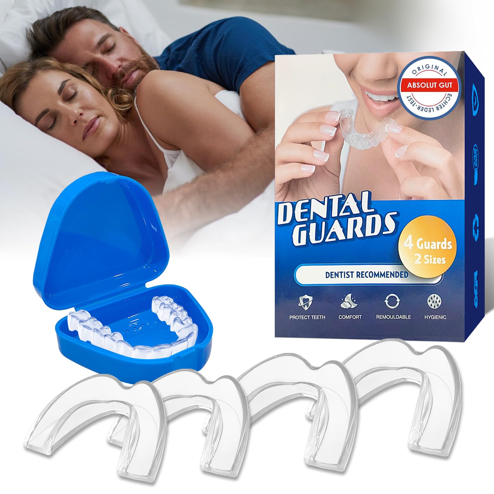 Férula Descarga Bruxismo Moldeable 4 Piezas, 2 Tamaños, Kit Protección Dental con Caja Higiene, Protector Bucal Dormir