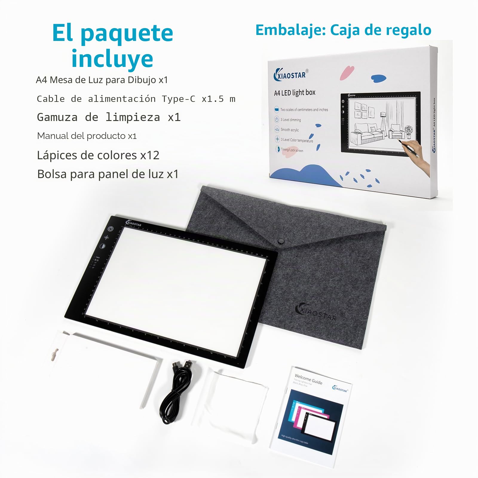 Mesa Luminosa LED A4, Trazado Inteligente Con Pantalla De Bloqueo Ajuste De Tiempo, Brillo Temperatura De Color Ajustables, Para Artistas, Dibujo Animado, Bocetos (A4-STK)