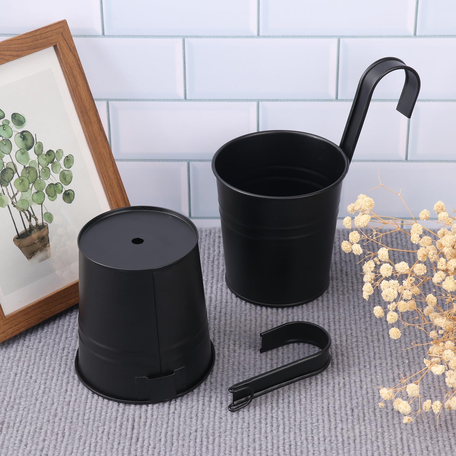 20 Pack 4 Inch Railing Hanging Planter, Black Small Hanging Bucket Planters, Metal Hanging Flower Pots, Metal Railing Bucket for Outdoor, Balcony, Fence, and Porch with Detachable Handles