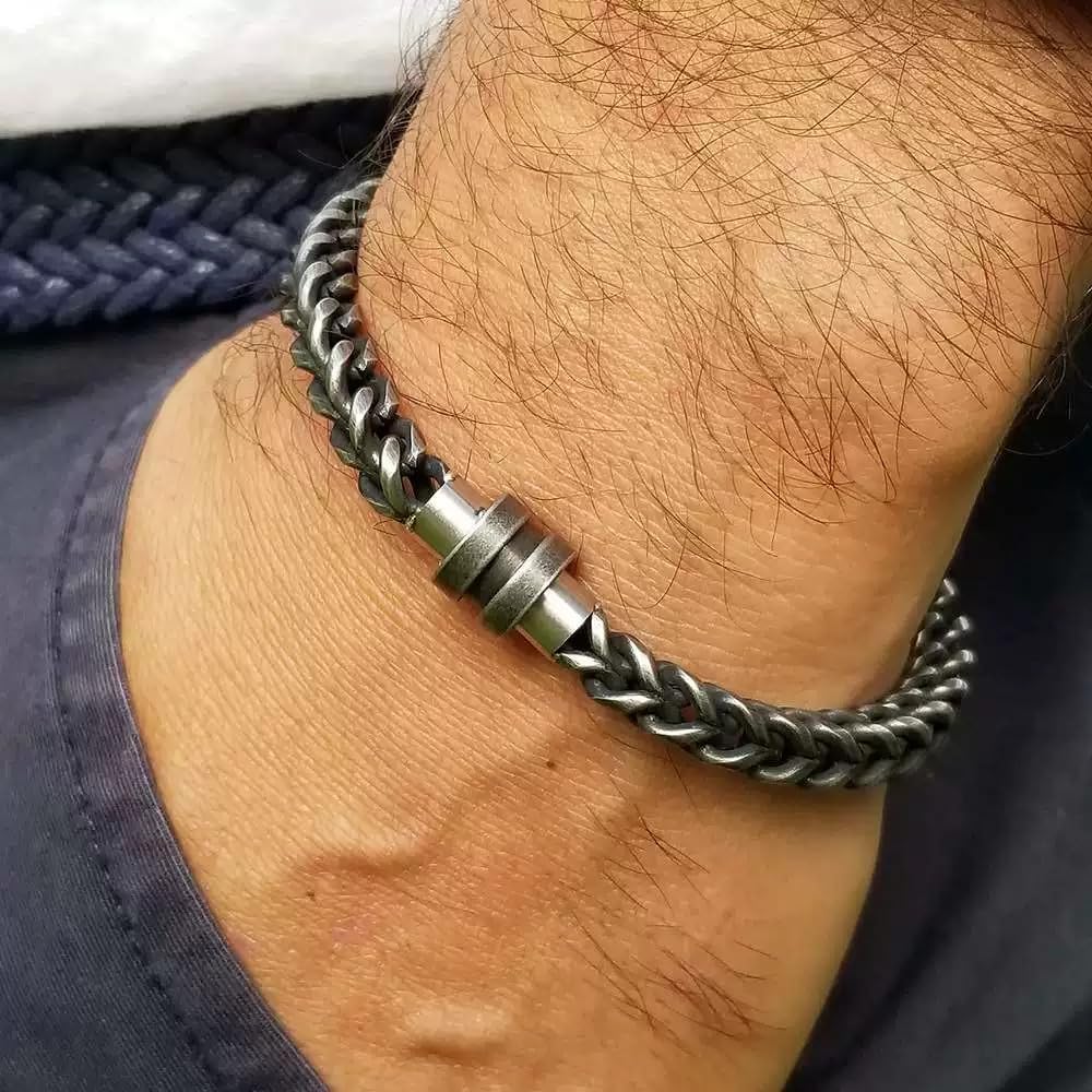 Retro Male Stainless Steel Hand Wrist Link, Antique Black Round Box Snap Knit Link Bracelet 22cm (8.66inch)