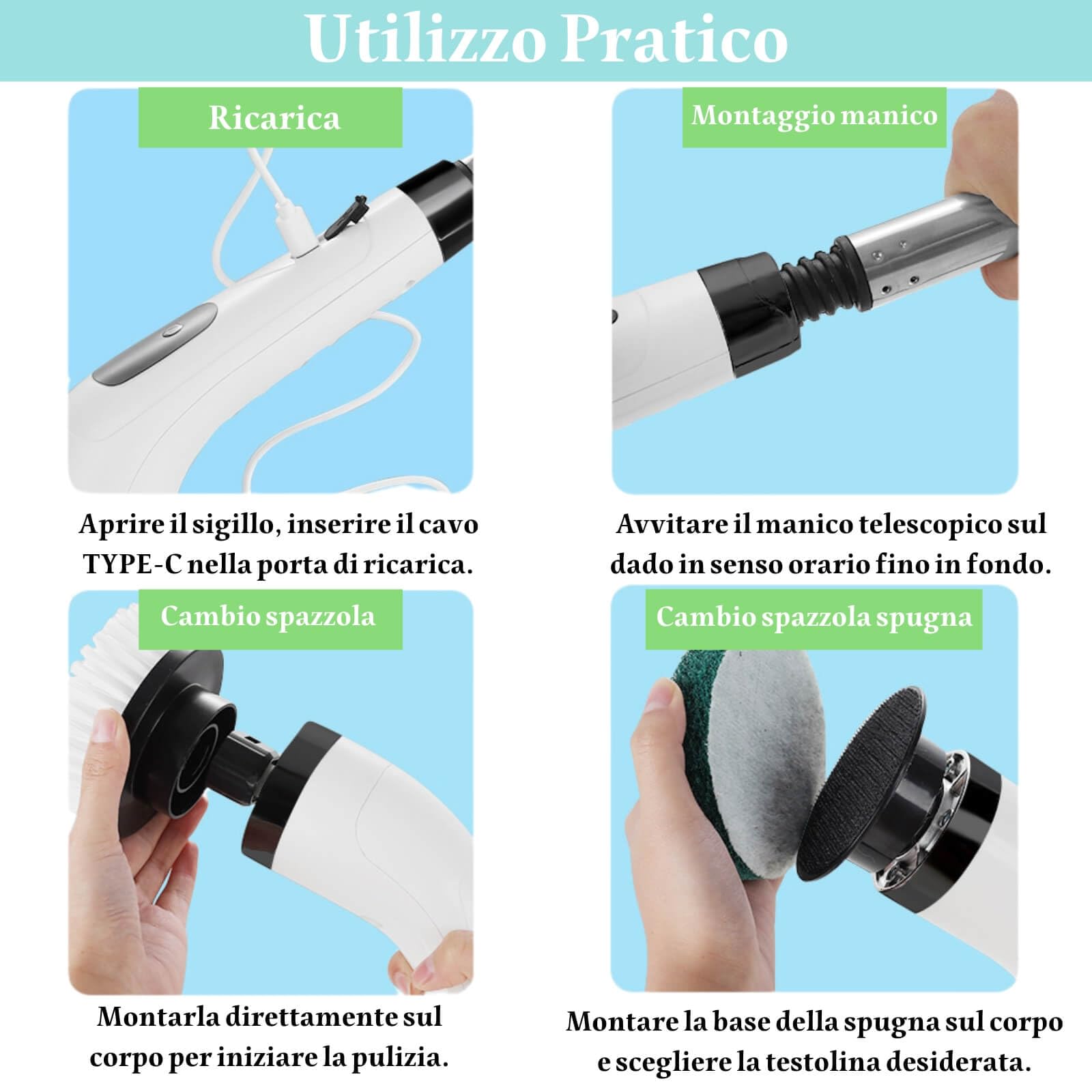 Spazzola Elettrica Rotante per Pulizia Casa, Spazzola Rotante Pulizia Casa, 9 Testine Sostituibili, 3 Velocità, Impermeabile, Ricaricabile USB-C per Bagno, Cucina, Pavimenti, Piastrelle, Auto
