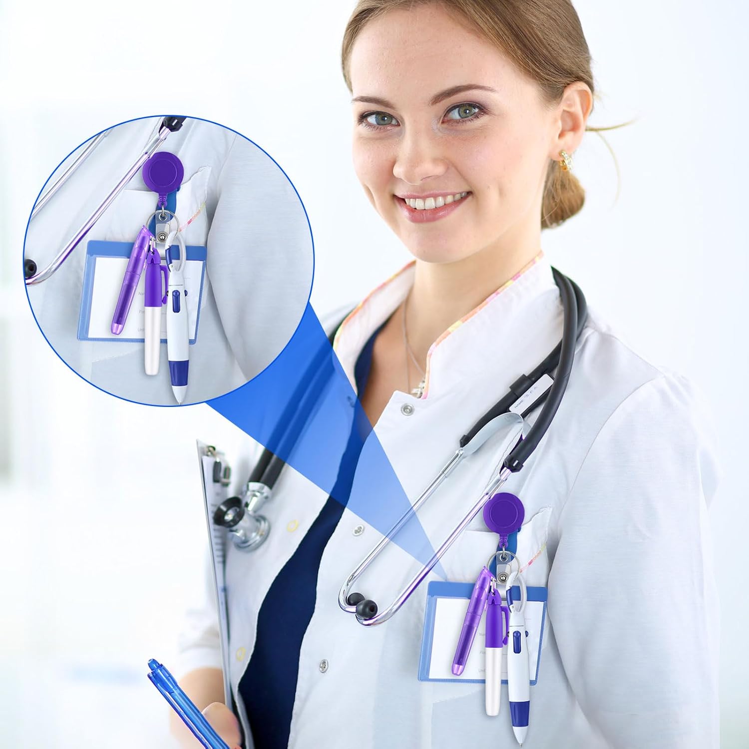Handepo 80 Pcs Nurse Pen Gift Set with Retractable Shuttle Pen, Markers, Mini Tip Highlighter, LED Keychain Mini Flashlight, Badge Reels for Nursing Assistant NICU Nurse Doctor(Multicolor)
