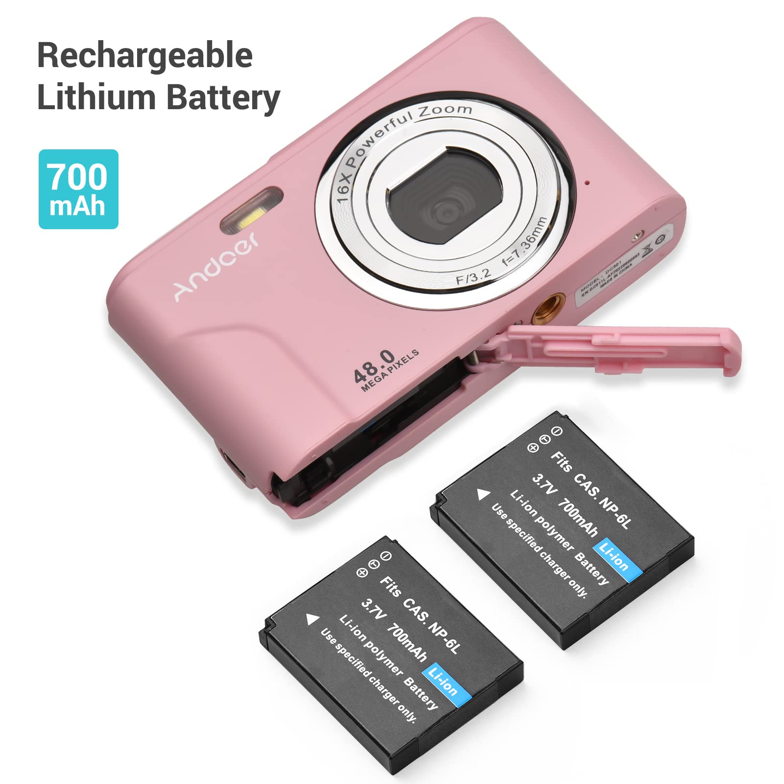 Andoer Aparat cyfrowy z autofokusem, 48 MP, 1080p, 2,4", aparat cyfrowy z 2 bateriami, pasek na rękę, torba do przenoszenia, dla dzieci, młodzieży, początkujących, studentów, różowy