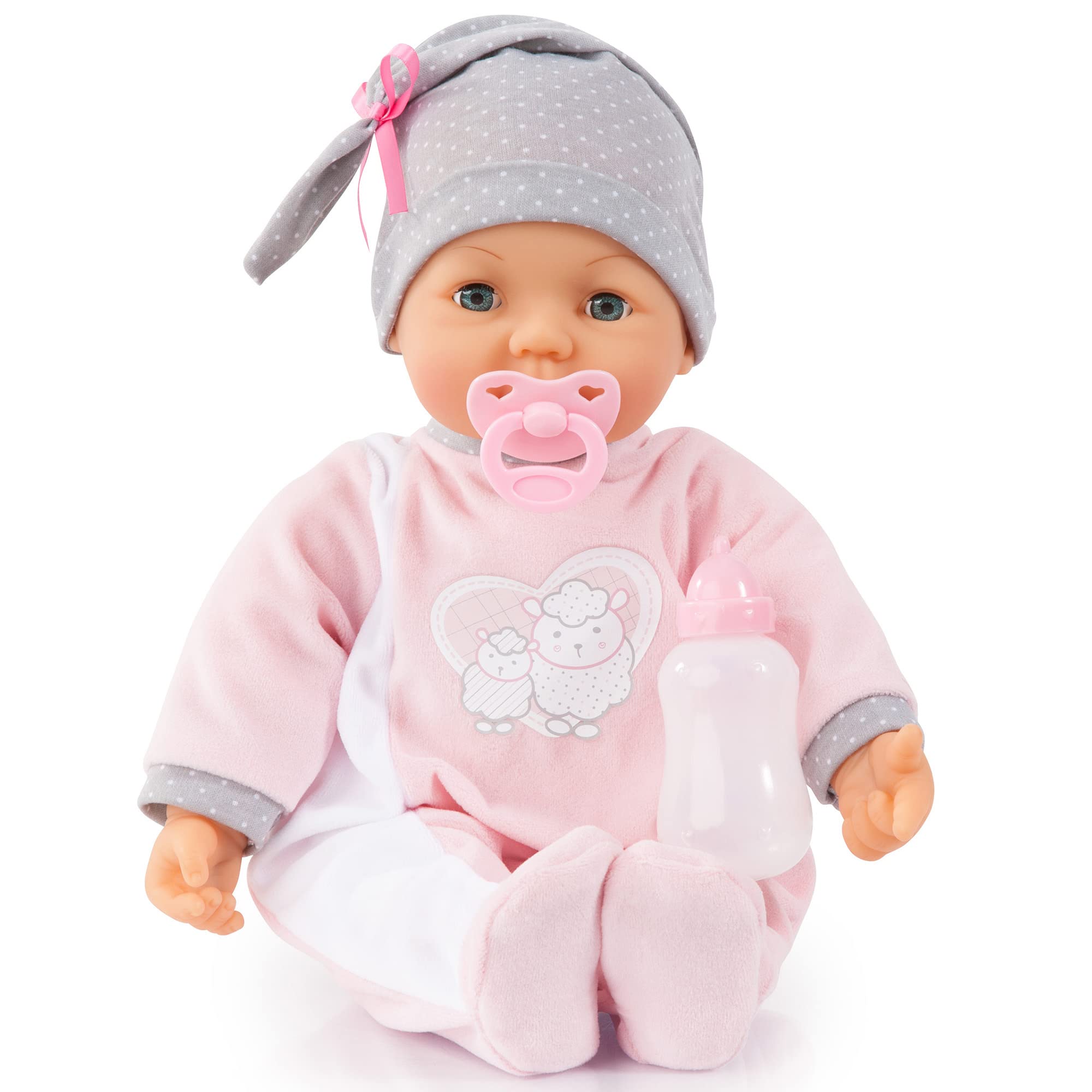 Bayer Design Hello Baby: 18" Baby Doll: Sheep Pink & Grey - 4 Sound Functions, Moving Mouth, Sleeping Eyes, Bottle+Pacifier, Ages 3+
