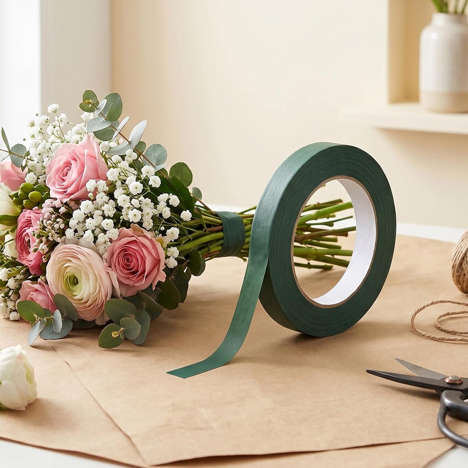 4 Rolls Green Floral Tape, 1/4 Inch Adhesive Flower Stem Wrap Tape | Waterproof Flower Arrangement Florist Tapes for Flowers Bouquet Wedding Binding Arranging DIY Crafts (33yd/Roll)