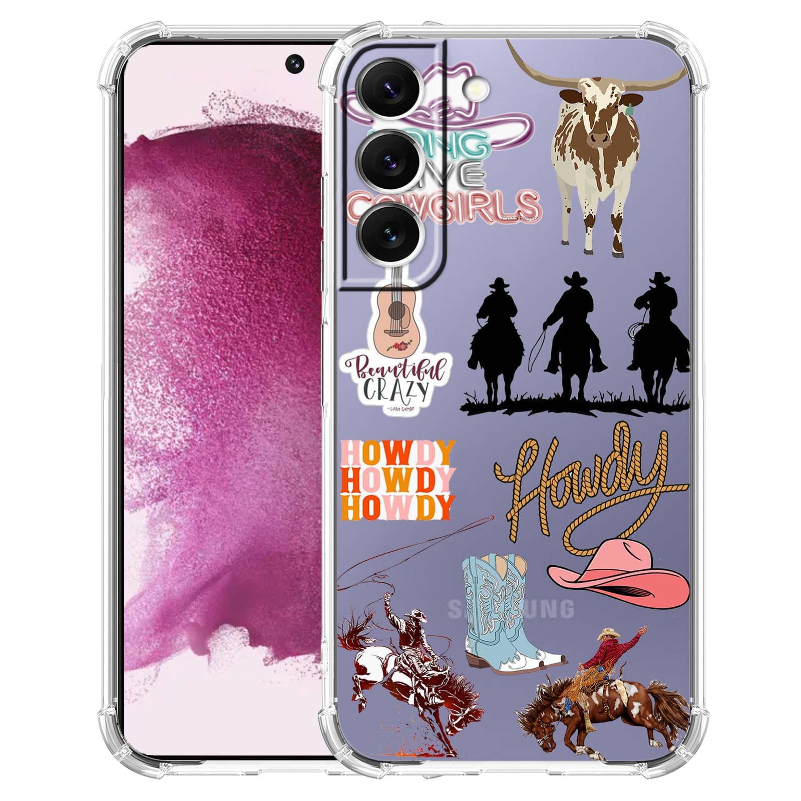 Vesidurt Cowboy Cowgirl Clear Case for Galaxy S22 Plus,Weste Country Life Howdy Pattern,Trendy Transparent Soft TPU Bumper Case for Samsung Galaxy S22