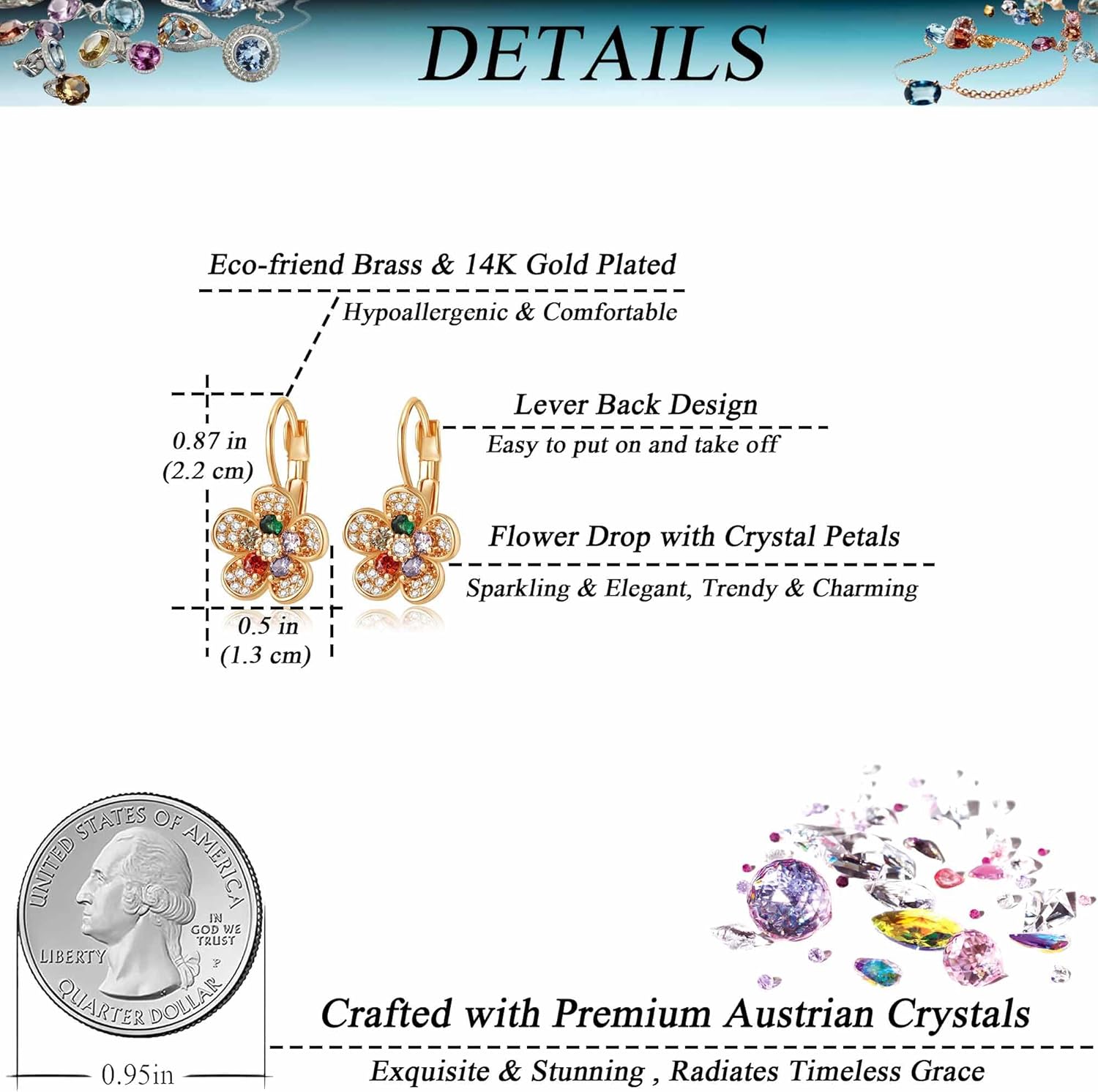 Austrian Crystal Flower Drop Leverback Earrings for Women 14K Gold Plated Hypoallergenic Jewelry - Image 4