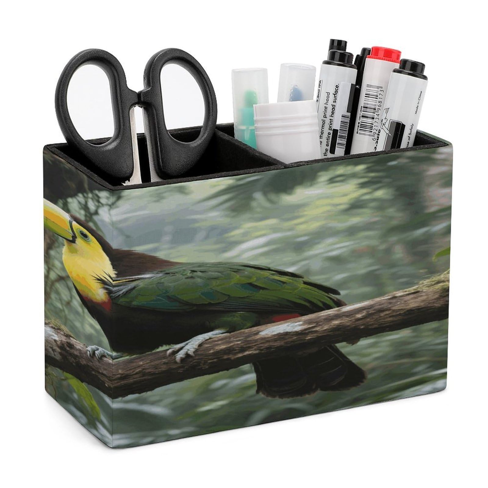 VstaDank Parrot Bird Pencil Holder for Desk Organizer 2 Compartments Pen Cup Leather Square Pen Holder Pencil Cup Stand Makeup Brush Holders for Desktop Organizer Storage Case