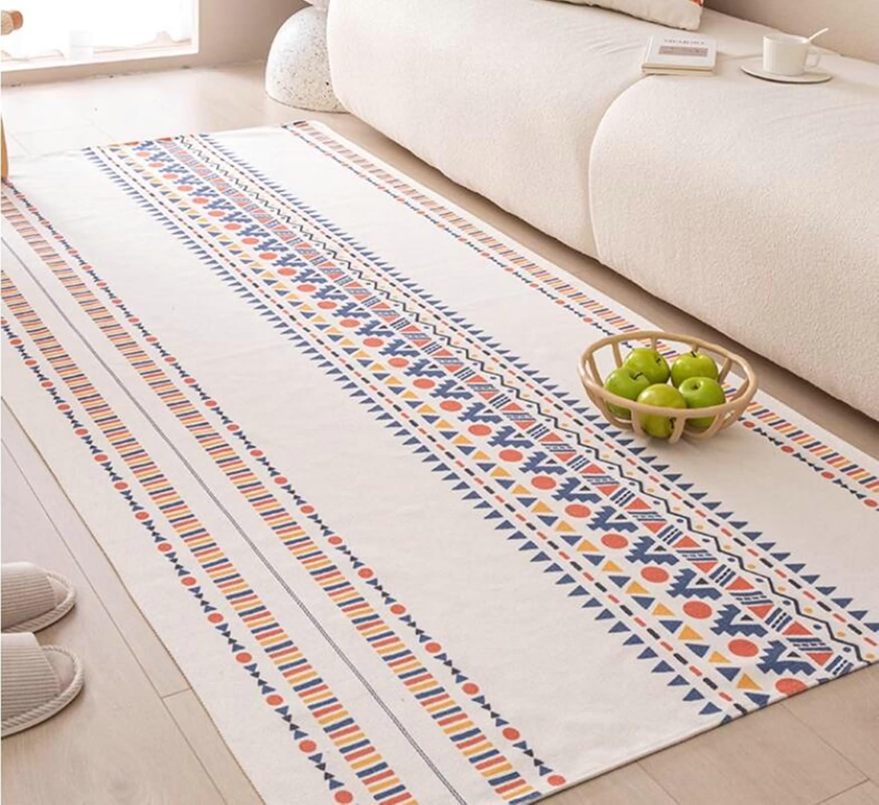 Teppich Schlafzimmer 85x85cm, Teppich Küche Modern Rot Blau Gelb Rechteckig Geometrisches Muster Baumwoll Leinen