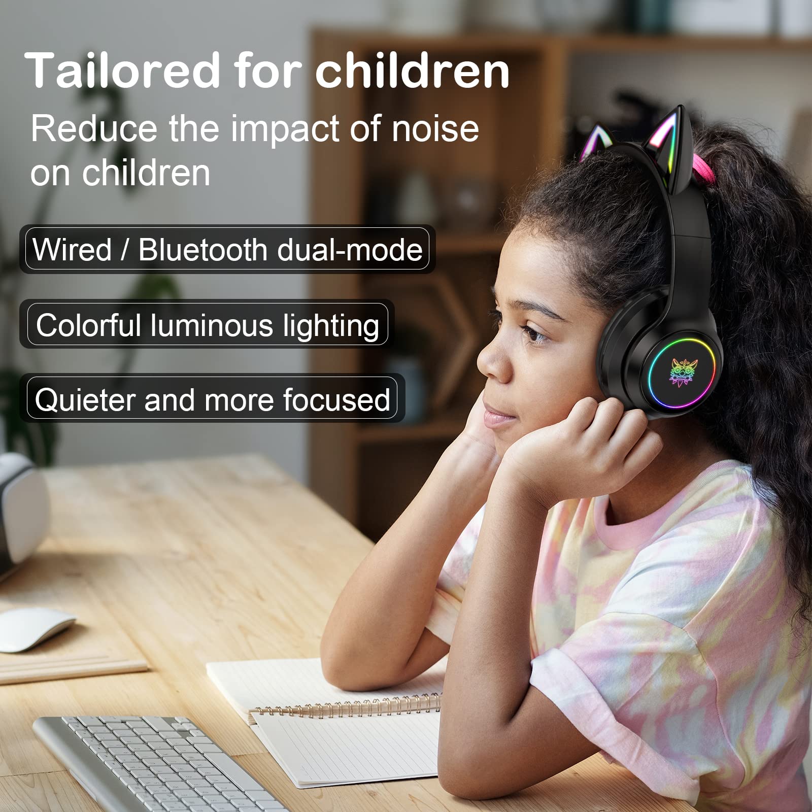 Casque Bluetooth avec oreilles de chat pour enfants et adultes, mode sans fil et filaire casque pliable avec micro – Qualité sonore claire – Lumière LED RVB pour filles, jeux scolaires, pour téléphone