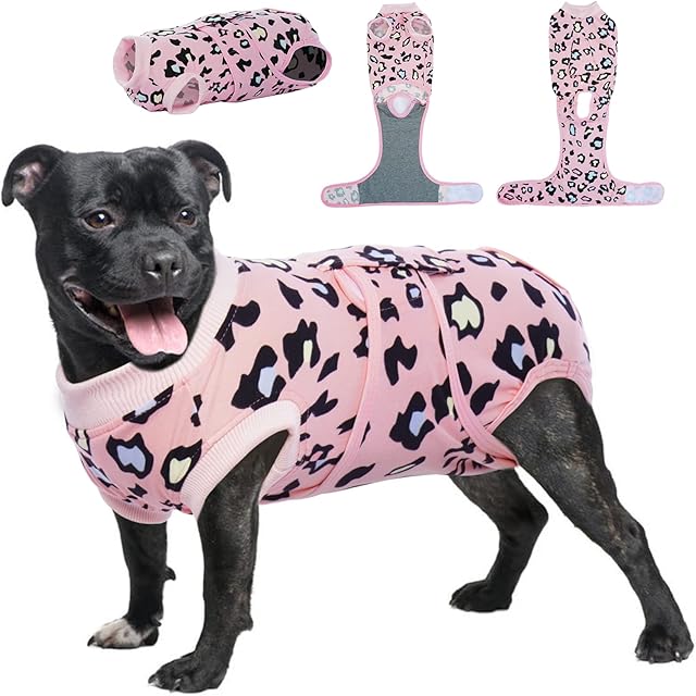 Kuoser Dog Surgery Recovery Suit, Pet Leopard Printed Recovery Shirt Dog After Surgery Vest for Abdominal Wounds Skin Disease, E-Collar & Cone Alternative, Prevent Licking Dog Onesies, Pink