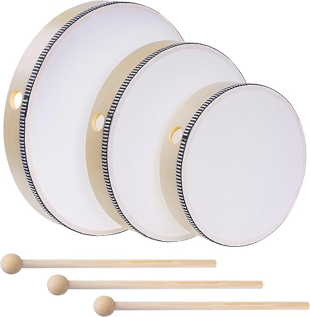 Nydotd 3pcs Hand Drum Percussion Wood Frame Drum with Drum Stick 10 Inch 8 Inch 6 Inch Percussion Instruments Musical Performance Pro (Wood Color, 12 Inch 10 Inch 8 Inch)