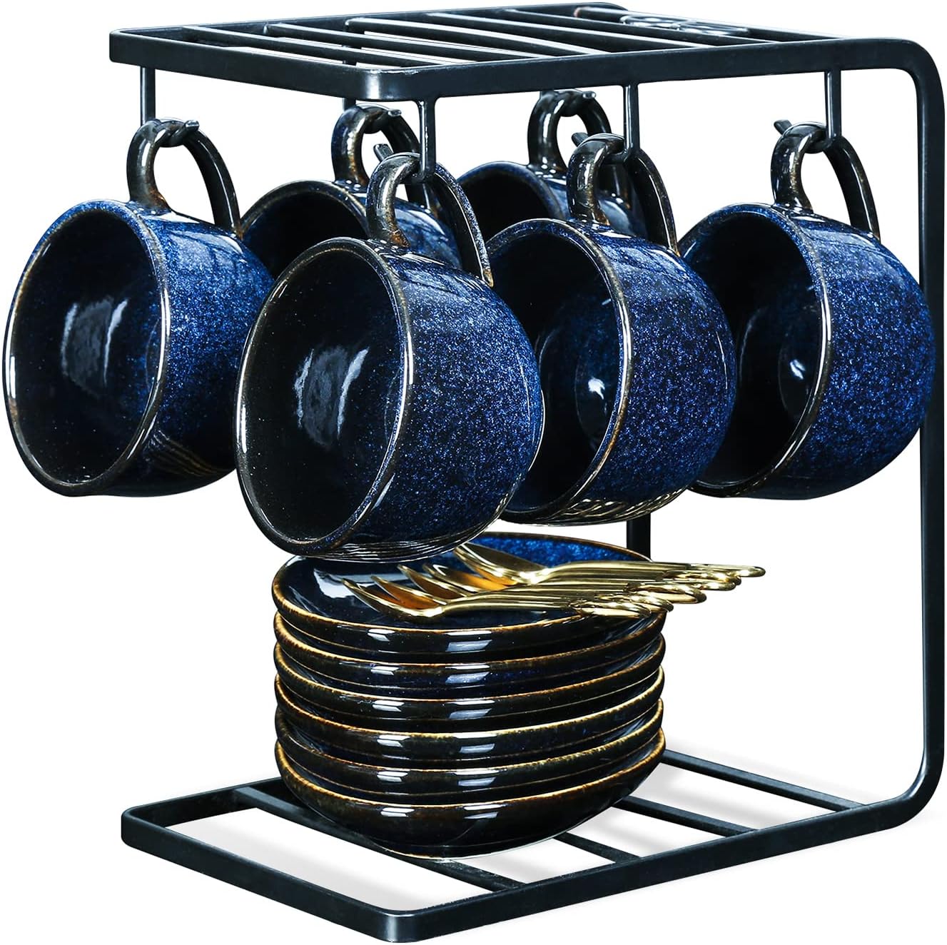 vicrays Ceramic Espresso Coffee Cups Set 4 oz Porcelain Espresso Cups with Saucers Spoons and Metal Stand for Tea Cafe Cappuccino Latte - Set of 6 - Blue