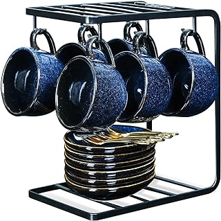 Ceramic Coffee Cups Set 4 oz Porcelain Espresso Cups with Saucers Spoons and Metal Stand for Tea Cafe Cappuccino Latte - Set of 6 - Blue