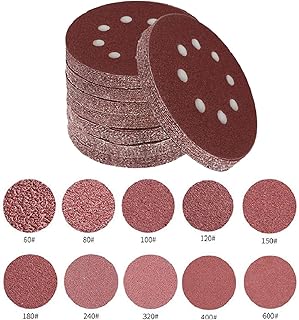 Sandpaper 100 Pieces 5 Inch with 8 Holes Dustless Hook-and-Loop Circular Sanding Discs Sandpaper Assorted Assortment from 60 to 600 Grits（60/80/100/120/150/180/240/320/400/600）