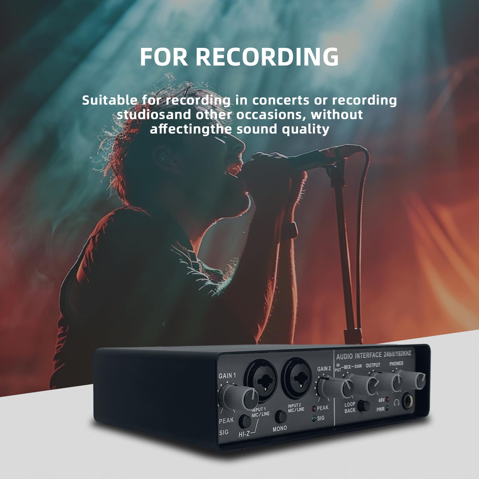 Interfaz de audio USB para grabación Tarjeta de sonido profesional con alimentación fantasma de 48 V LoopBack Tarjeta de sonido externa USB Plug and Play Monitoreo de latencia 0 para conciertos
