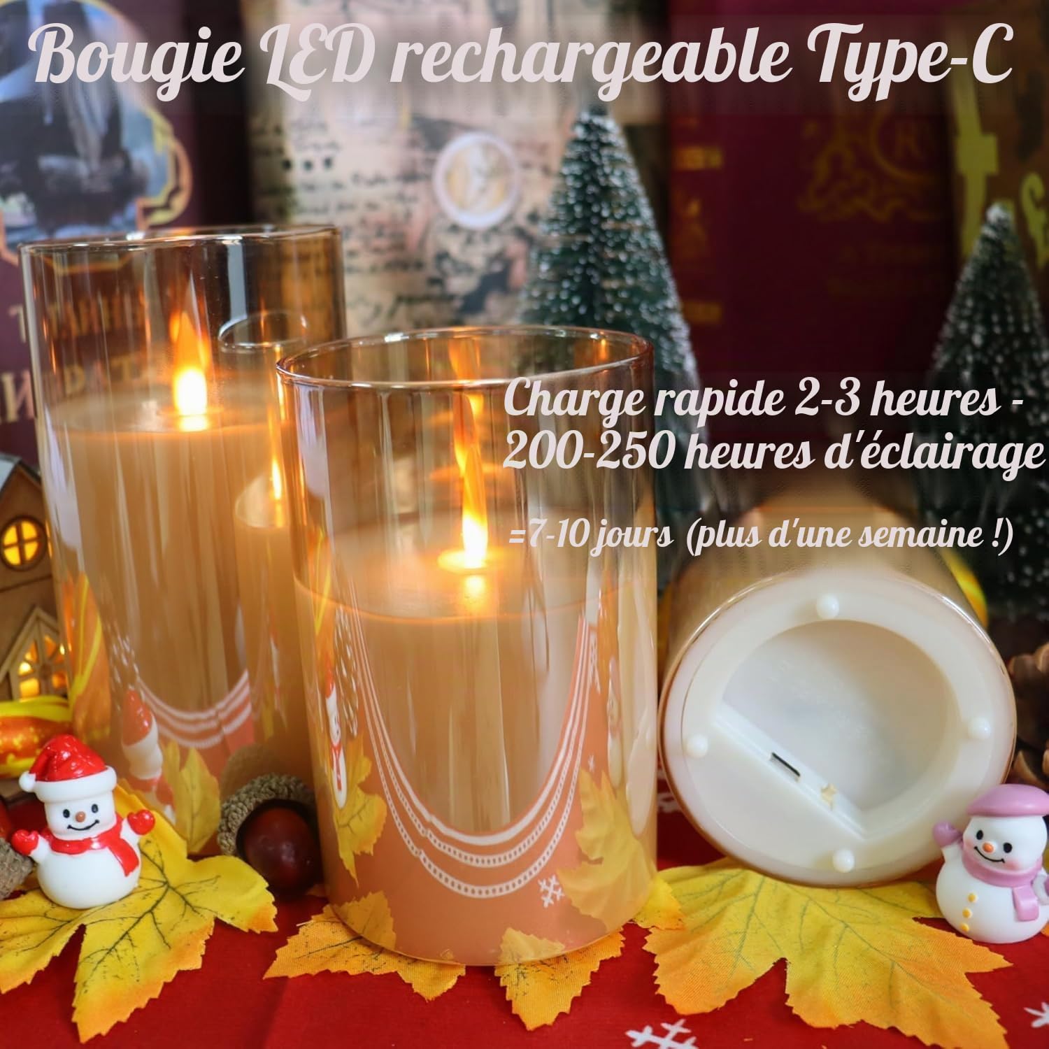 Bougies LED sans flamme télécommandées, rechargeables, bougies piliers en verre avec télécommande et fonction minuterie, flamme saute pour fêtes, mariages (autonomie 200 h) (Or)