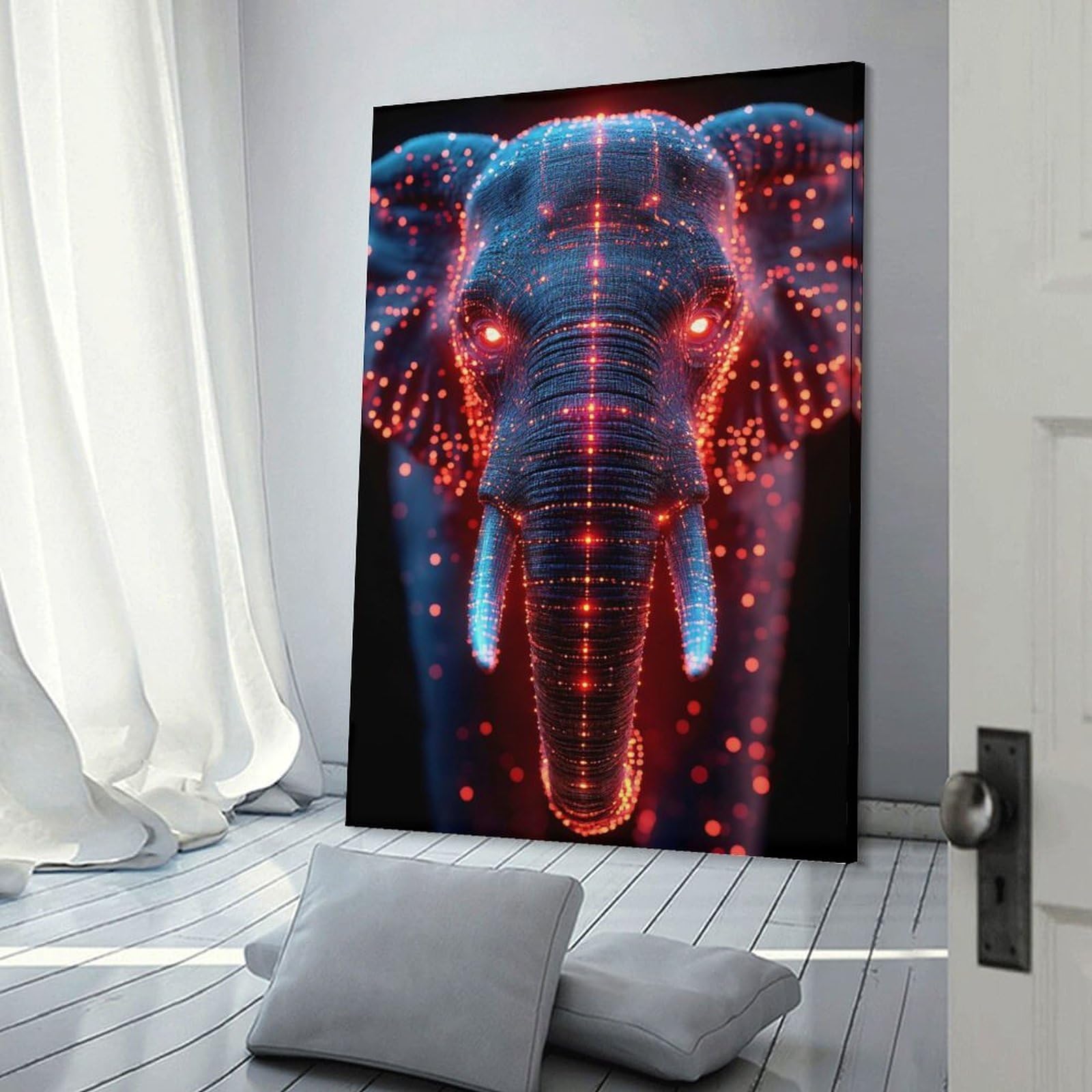 Junmoney Cyberpunk Elephant with Glowing Lights Wall Art Print 24x36inch(60x90cm), for Gallery Wall Layouts in Home Or Office, An Easy Match for Collected Prints