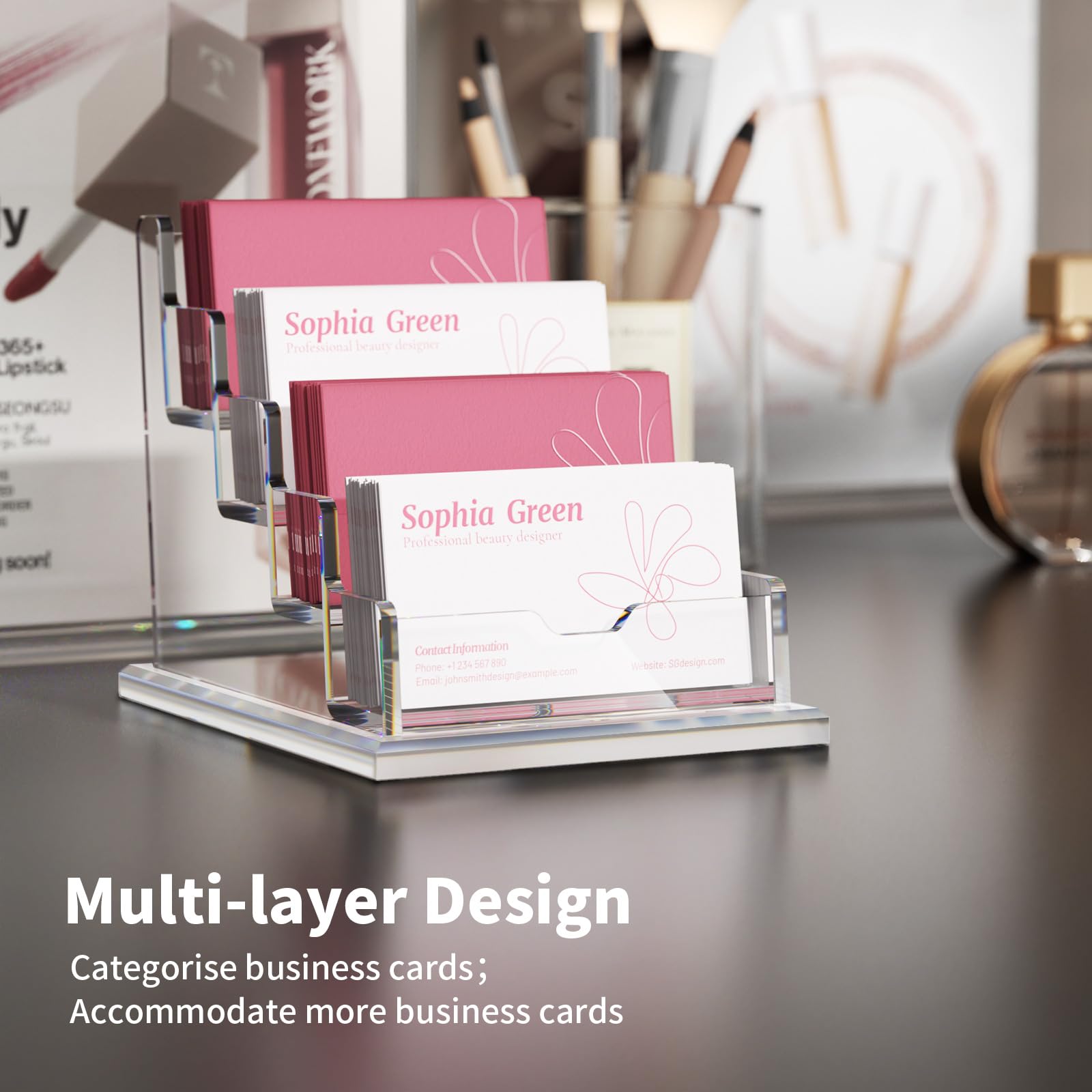 AITEE Business Card Holder for Desk: Clear Acrylic 4 Slot 4 Tier Card Display Stand Holder for Office and Exhibition Countertop Fits 100-120 Business Cards - Image 4