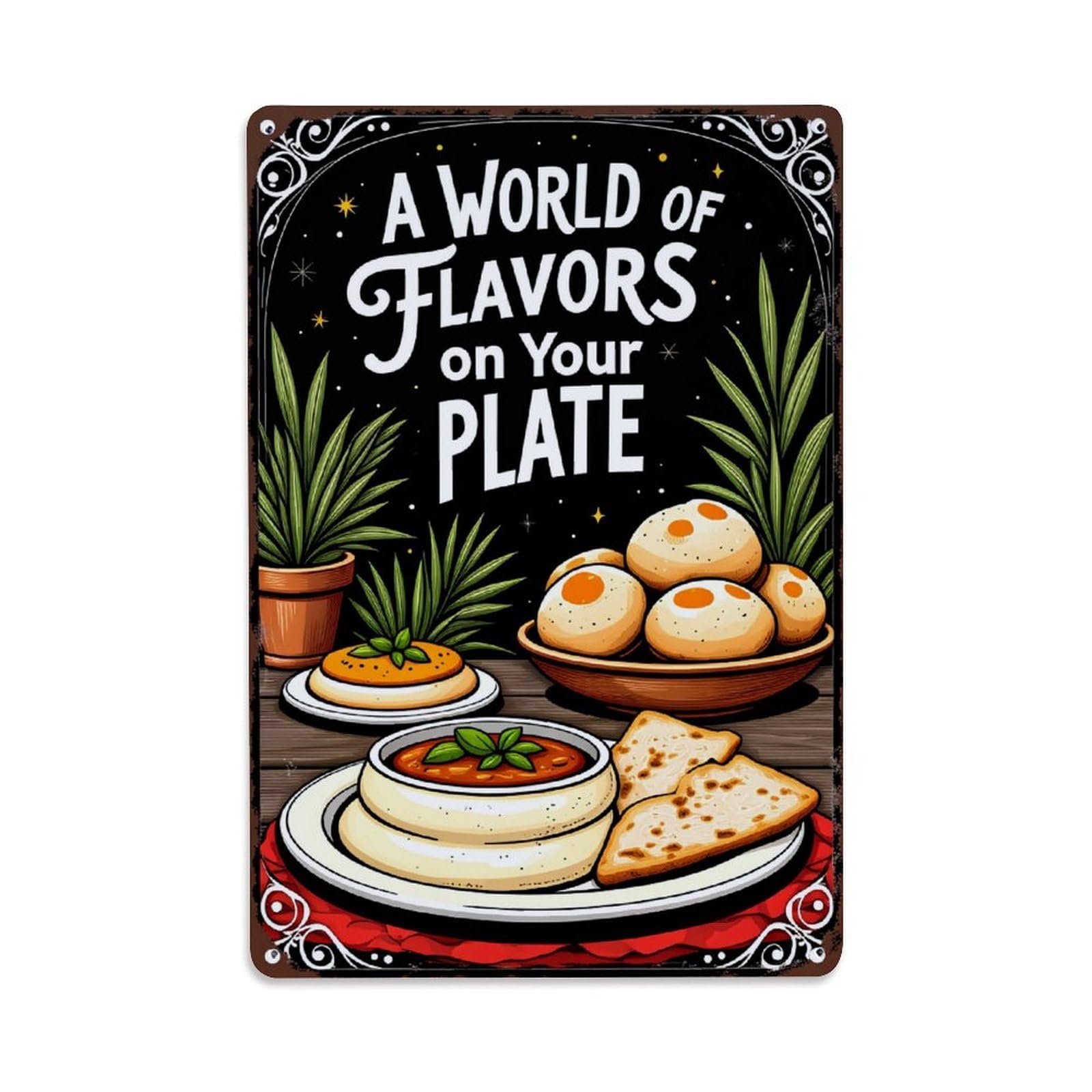 World Of Flavors On Plate Tin Sign Metal Poster Vintage Metal Signs for Home Man Cave Bar Cafe Kitchen laundry room Wall Decorations Gift 8x12Inch