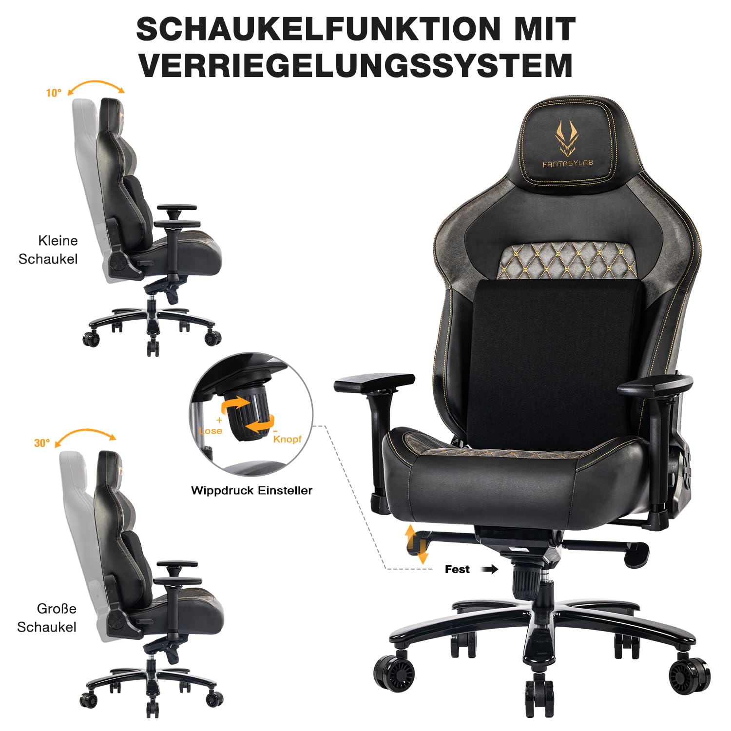 Fantasylab Gaming Stuhl 200KG Belastbarkeit Bürostuhl 200KG Verstellbare Armlehne 4D Gamer Stuhl mit Lendenwirbelstütze Chefsessel Ergonomischer Schreibtischstuhl Schwarz/Grau
