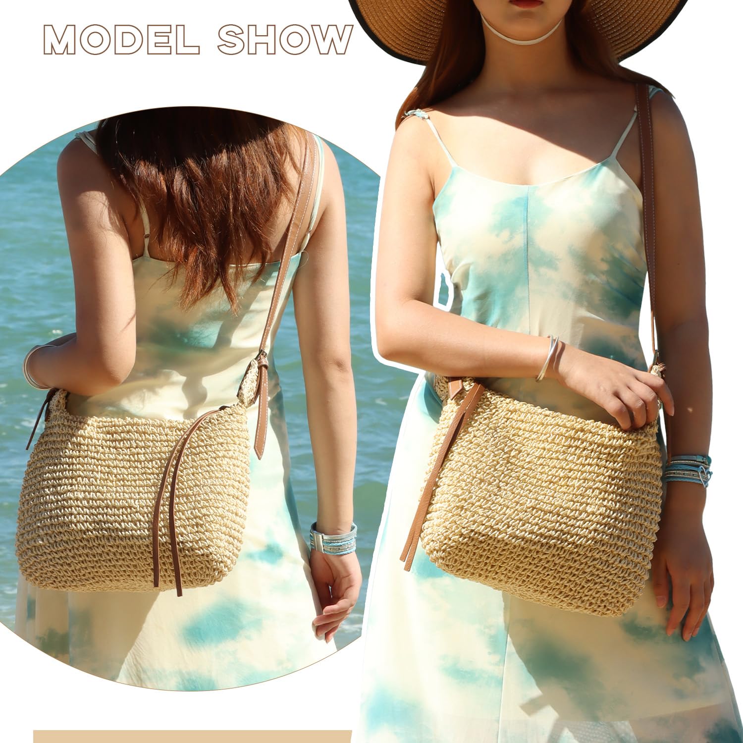 EVEOUT Sac bandoulière en Paille pour Femme Boho Sac d'été Léger en Raphia Tissé avec Sangle Réglable pour Plage Vacances(Beige)