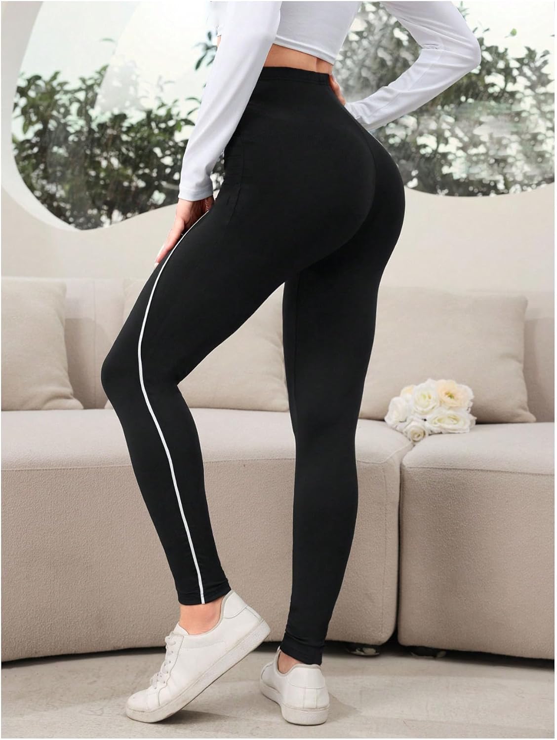 SOLY HUX Women's High Waisted Leggings Contrast Binding Letter Patched Workout Running Yoga Pants - Image 2