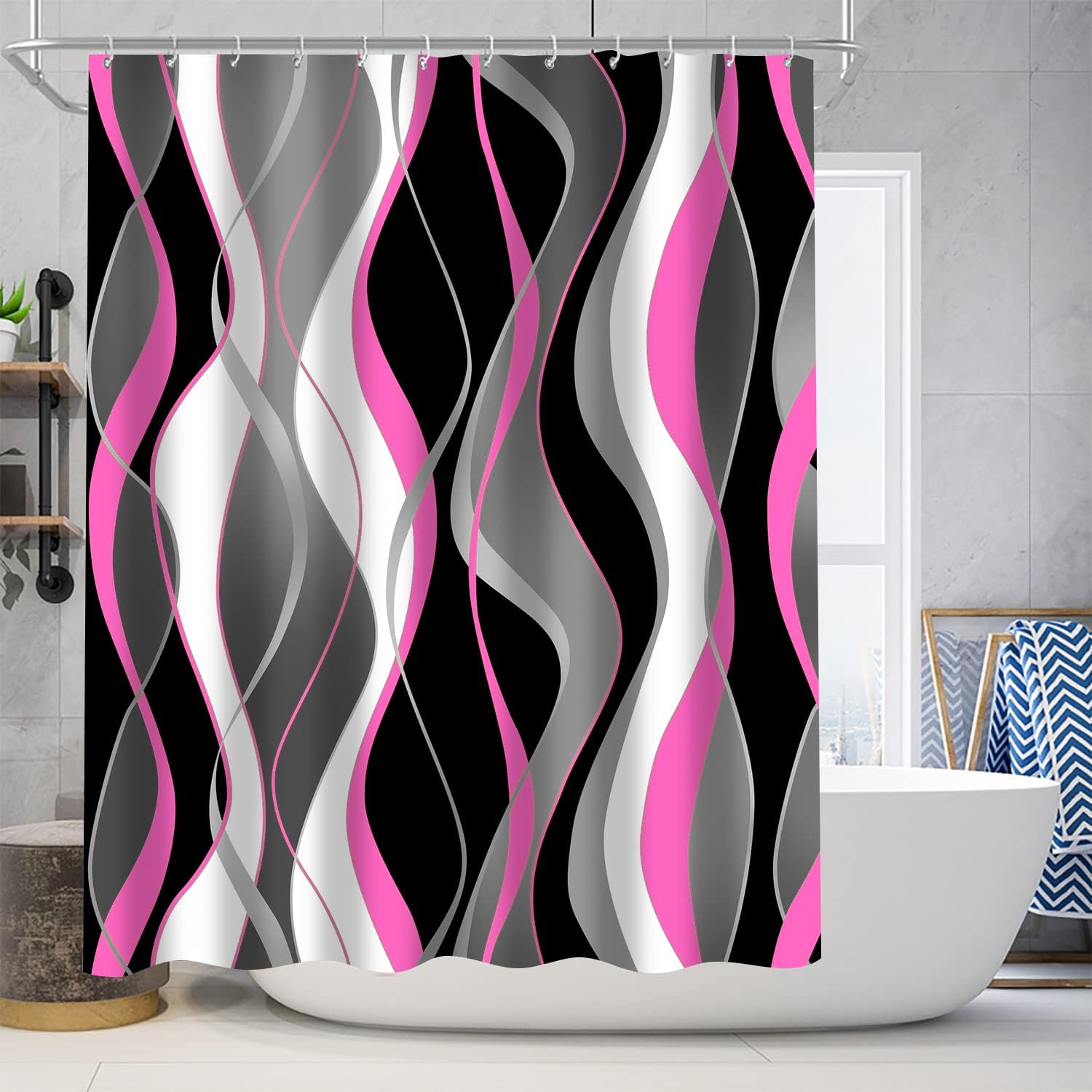 Nkzply 4 Pcs Pink Shower Curtain Black Bathroom Sets with Shower Curtain and Rugs Grey Modern Striped Shower Curtain Set White Bathroom Rugs Set Bathroom Decor and AccessoriesToilet Lid Cover Hooks