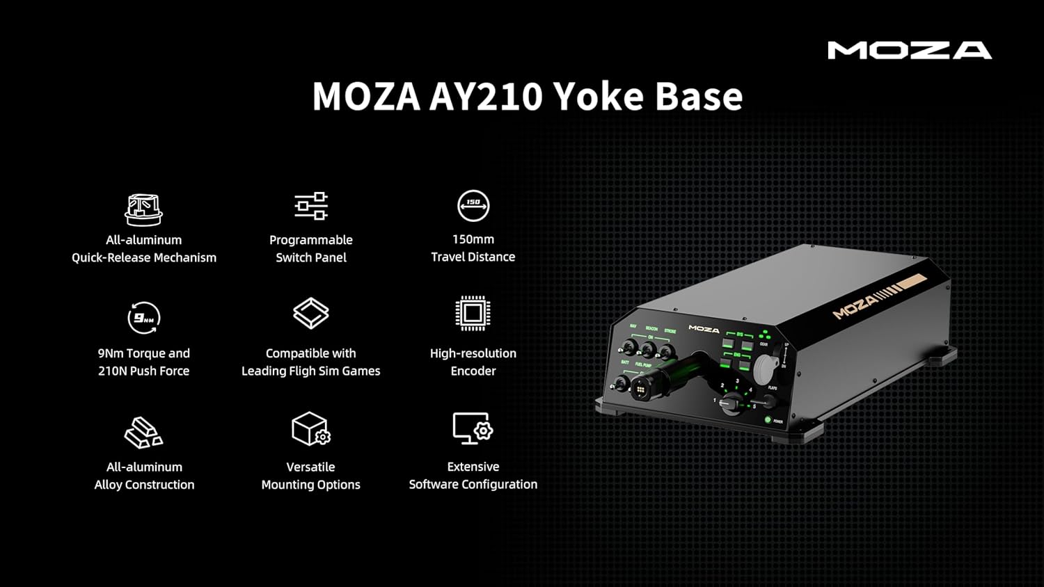 MOZA AY210 Force Feedback YOKE Base, realistic aviation control for flight simulations, 210N Push Force & 9Nm Torque, compatible with PC