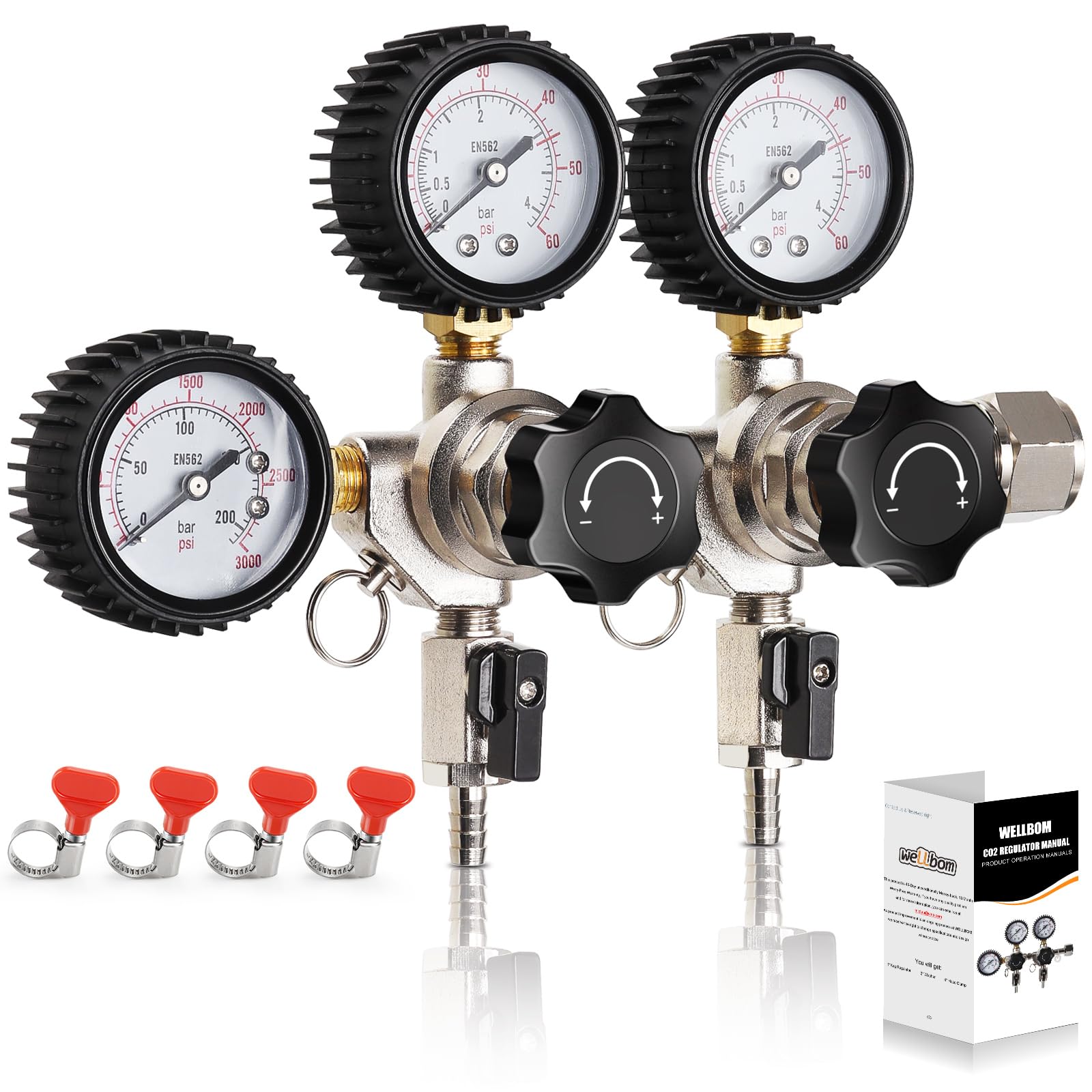 Regulador de CO2 para doble grifo Kegerator 0-60psi Regulador de cerveza de doble salida, regulador de barril de 0-3000 psi CGA-320, regulador de presión de gas de cerveza, regulador C02 para torre de